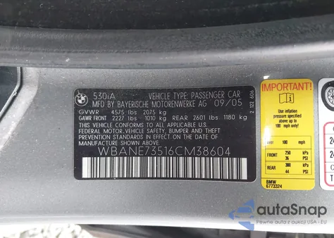 2006 BMW 530I z USA, uszkodzony, nr VIN WBANE73516CM38604